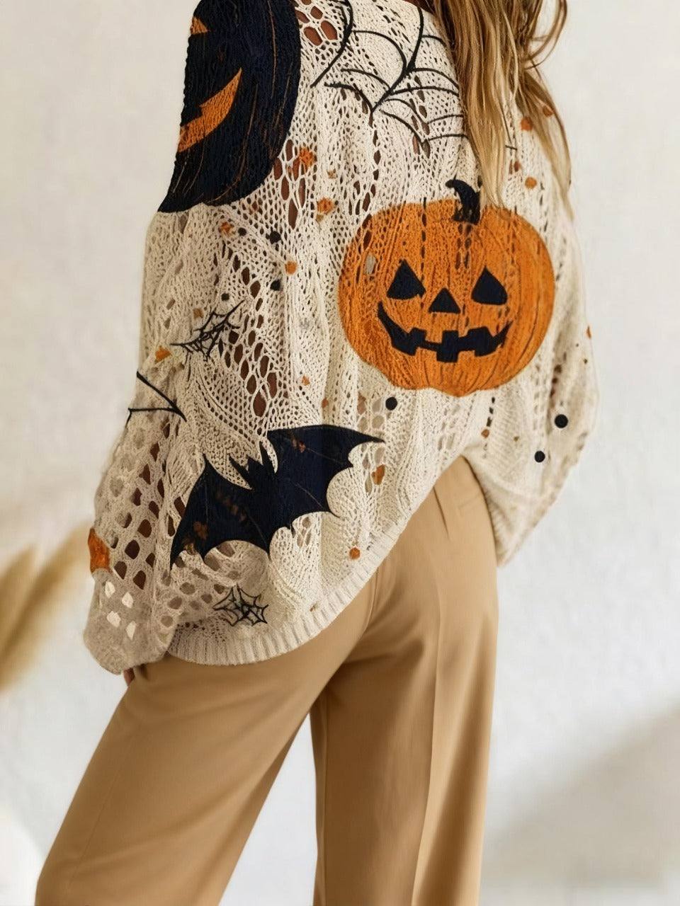 Pumpkin Print Long Sleeve Knit Top for Women - Halloween & Everyday Wear,Spring Summer Fall Ready