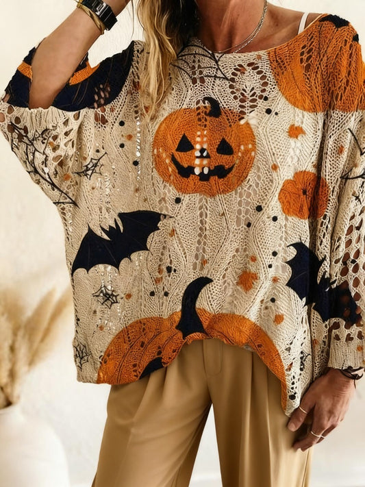 Pumpkin Print Long Sleeve Knit Top for Women - Halloween & Everyday Wear,Spring Summer Fall Ready